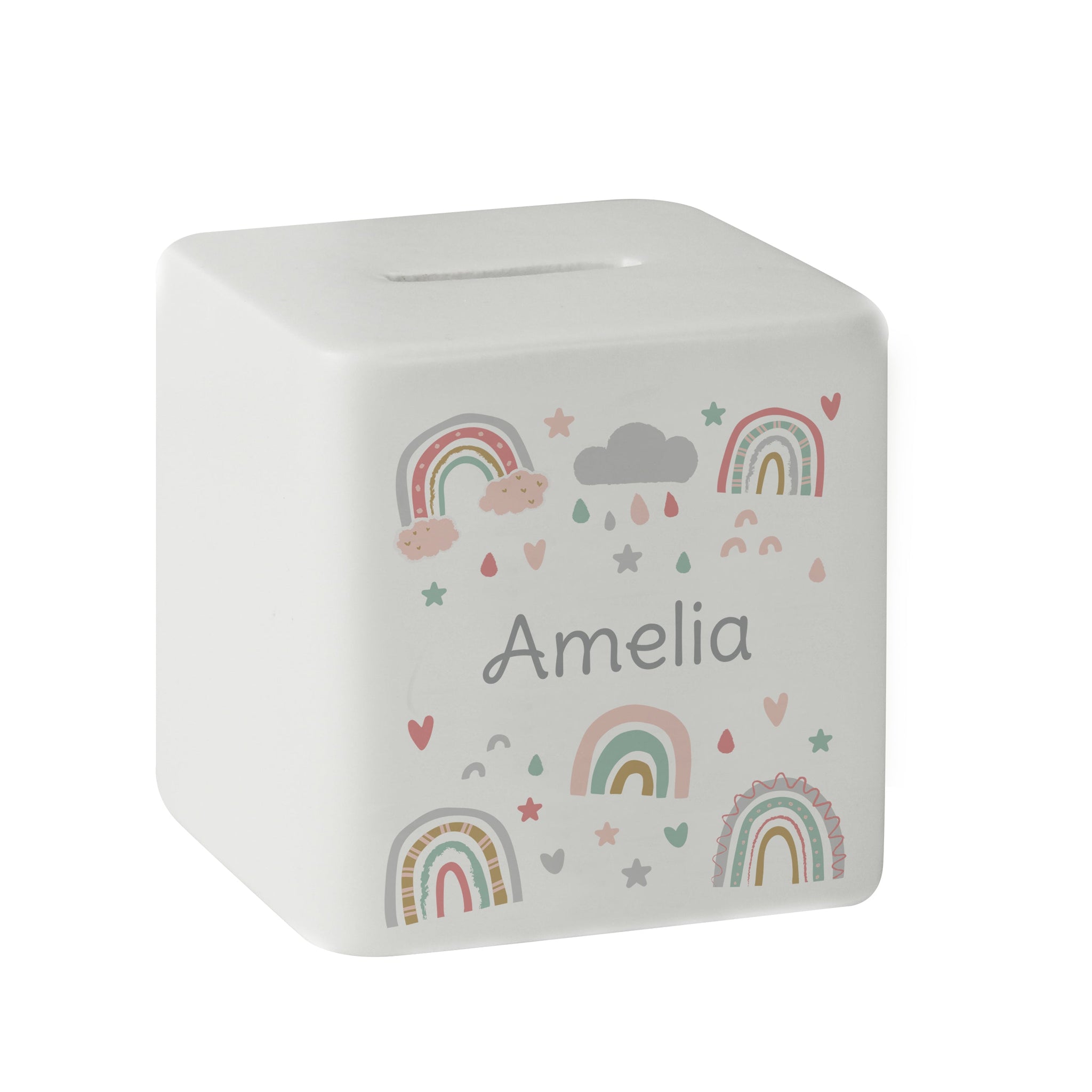 Personalised Rainbow Ceramic Square Money Box: 5 - Money Boxes By Gift Moments