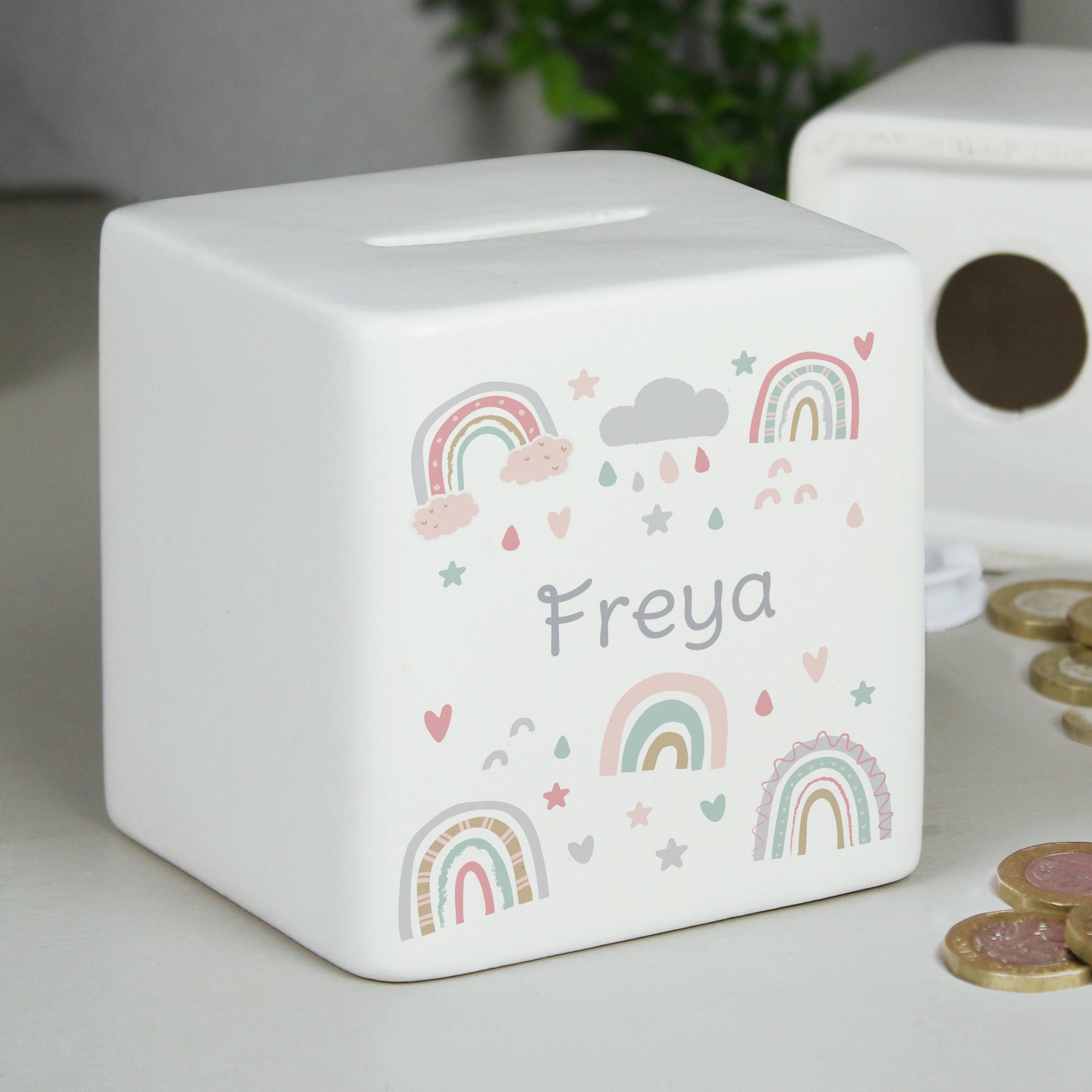 Personalised Rainbow Ceramic Square Money Box: 1 - Money Boxes By Gift Moments