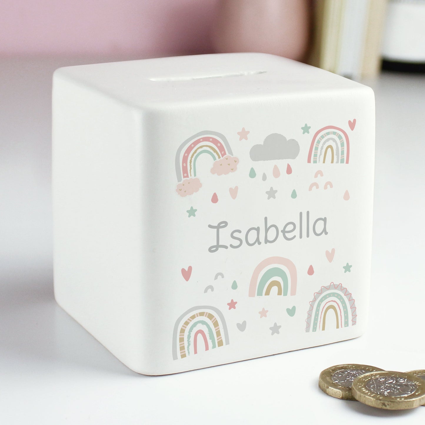 Personalised Rainbow Ceramic Square Money Box: 4 - Money Boxes By Gift Moments
