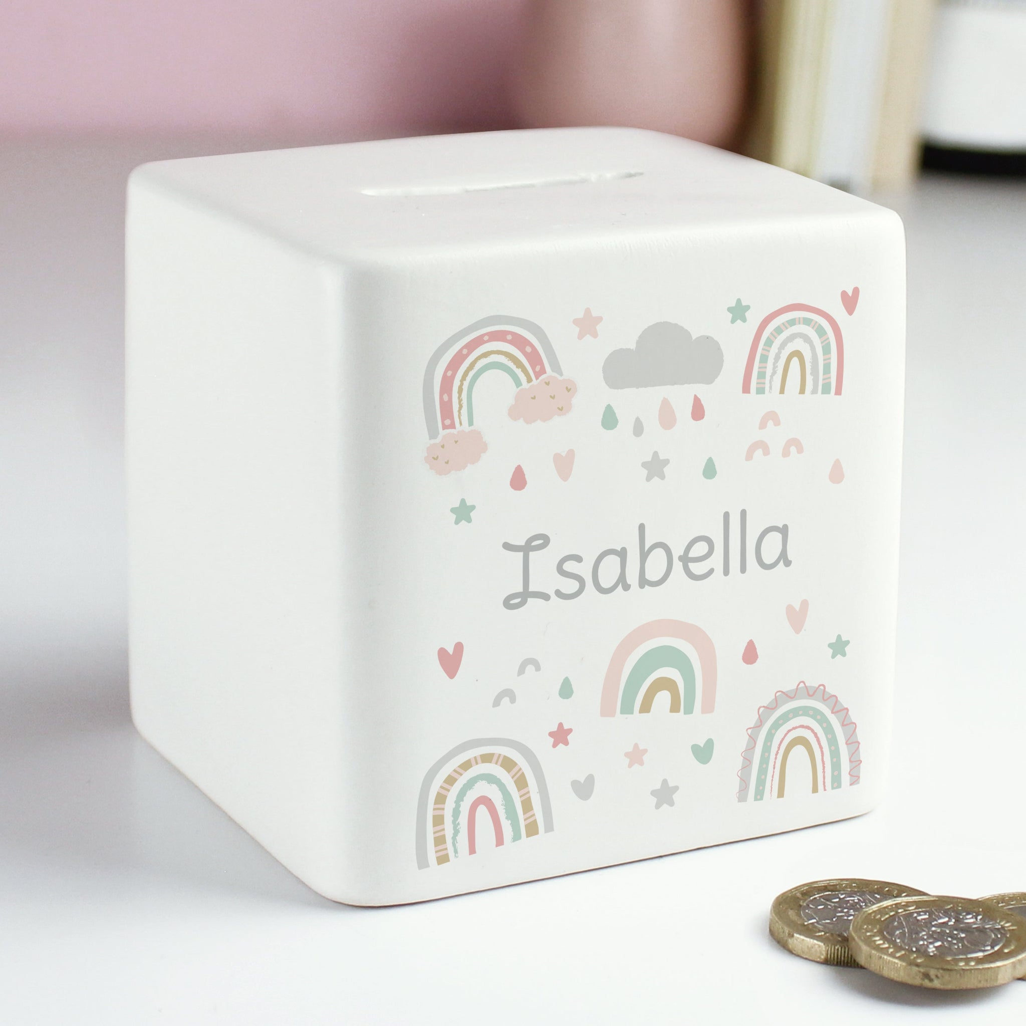 Personalised Rainbow Ceramic Square Money Box: 4 - Money Boxes By Gift Moments