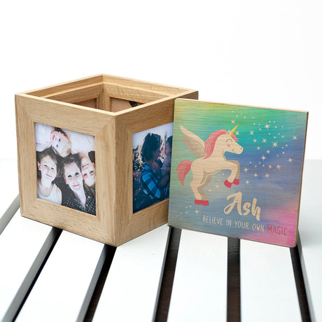 Personalised Rainbow Unicorn Photo Cube: 2 Photo Cubes By Gift Moments
