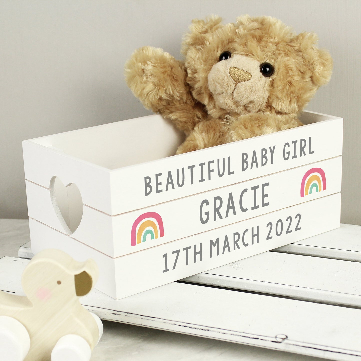 Personalised Rainbow White Wooden Crate: 3 - Storage By Gift Moments