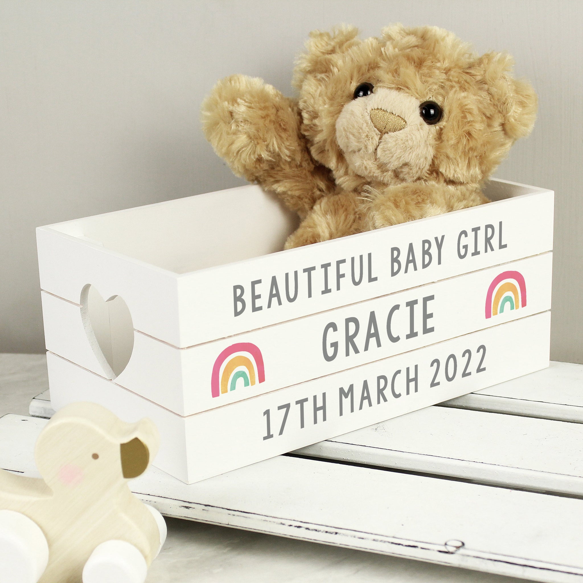 Personalised Rainbow White Wooden Crate: 3 - Storage By Gift Moments