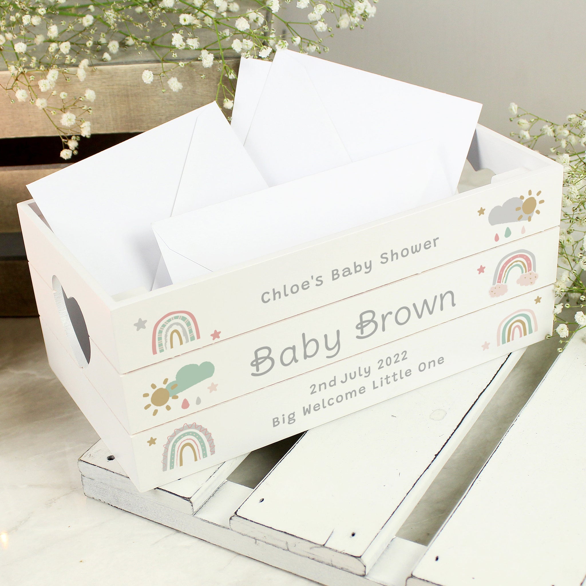 Personalised Rainbow White Wooden Crate: 3 - Storage By Gift Moments