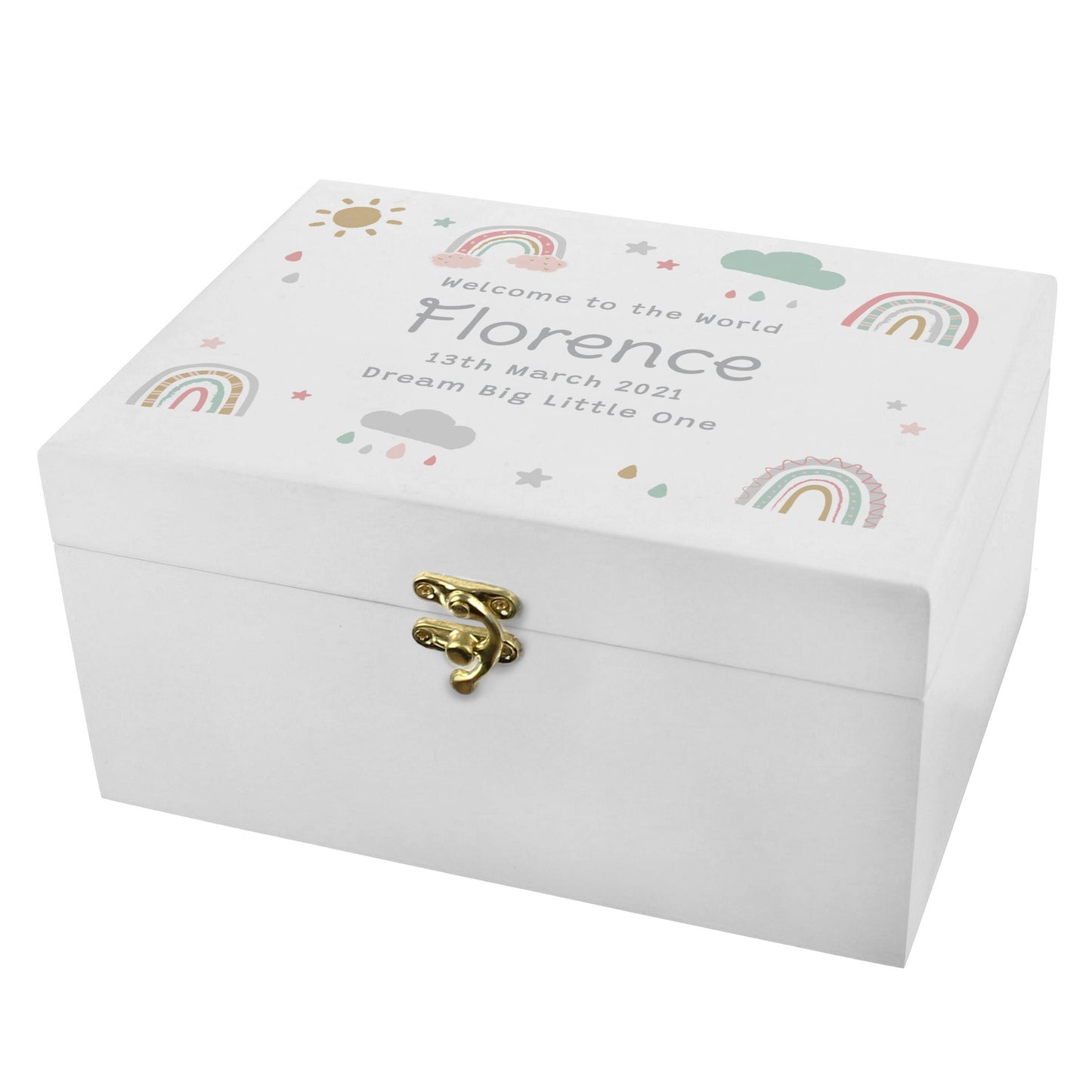 Personalised Rainbow White Wooden Keepsake Box: 6 - Keepsake Boxes By Gift Moments