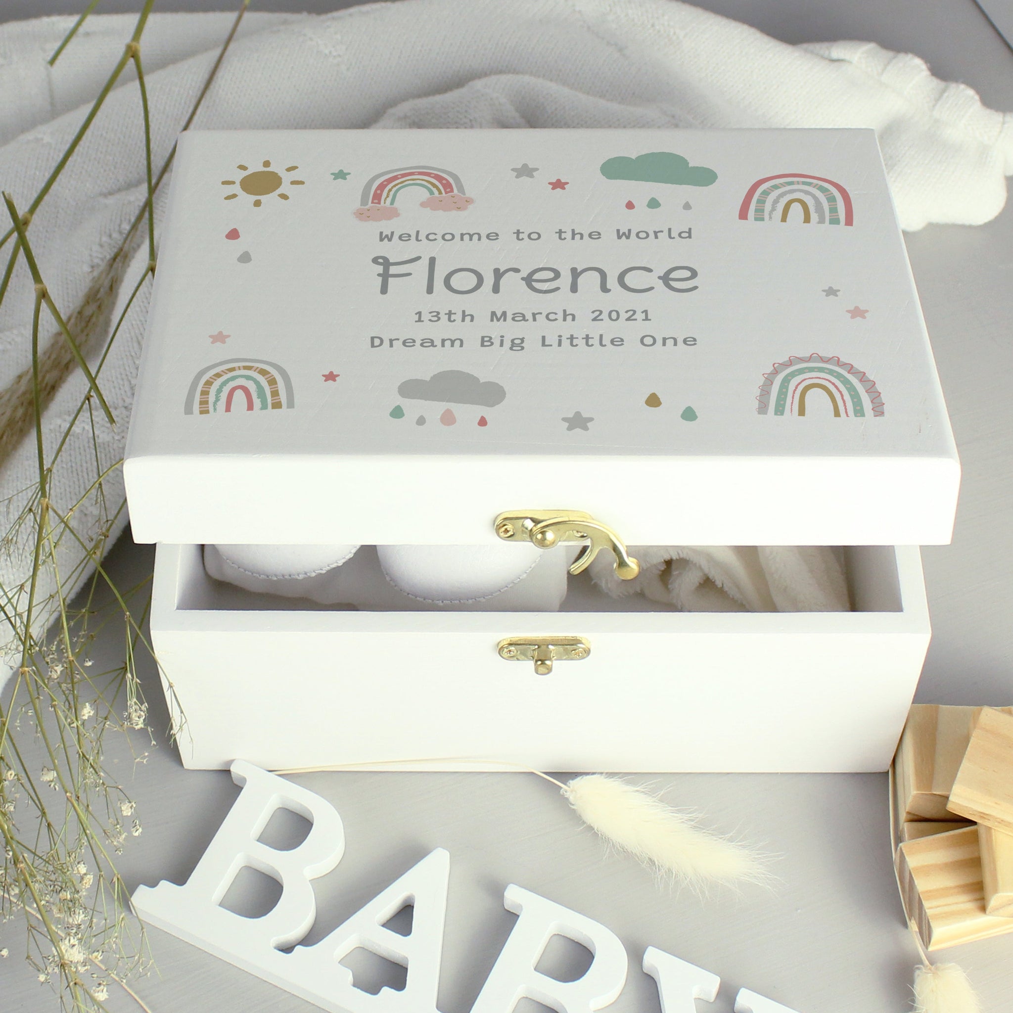 Personalised Rainbow White Wooden Keepsake Box: 2 - Keepsake Boxes By Gift Moments
