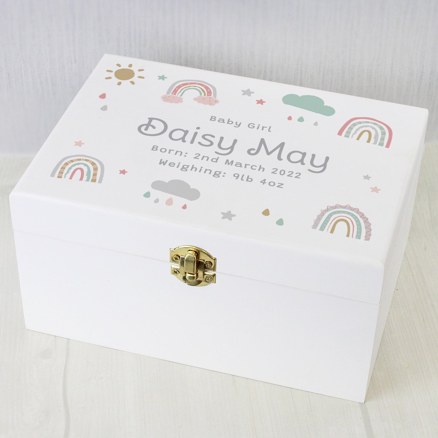 Personalised Rainbow White Wooden Keepsake Box: 5 - Keepsake Boxes By Gift Moments