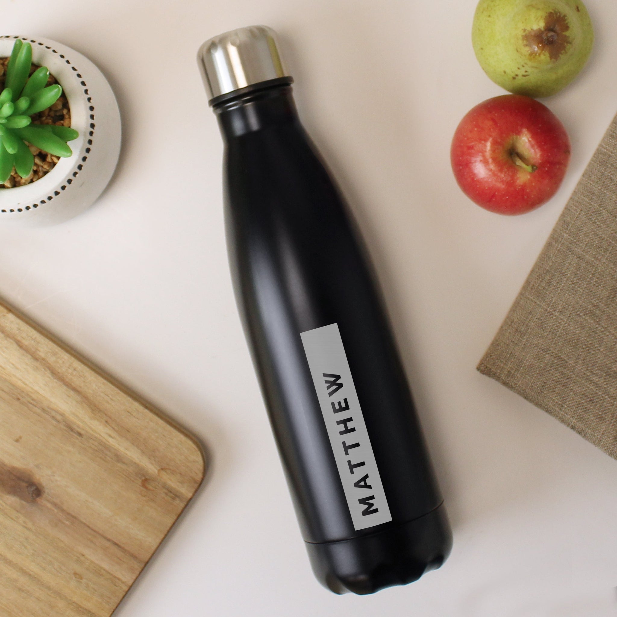 Personalised Rectangle Black Metal Insulated Drinks Bottle: 2 - Water Bottles By Gift Moments