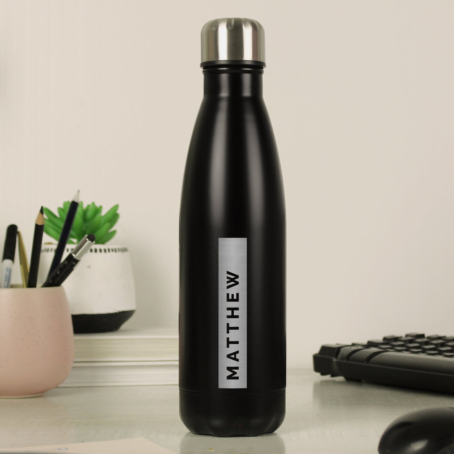 Personalised Rectangle Black Metal Insulated Drinks Bottle: 3 - Water Bottles By Gift Moments