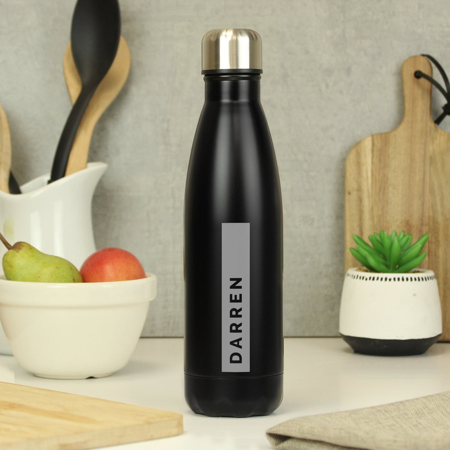 Personalised Rectangle Black Metal Insulated Drinks Bottle: 1 - Water Bottles By Gift Moments