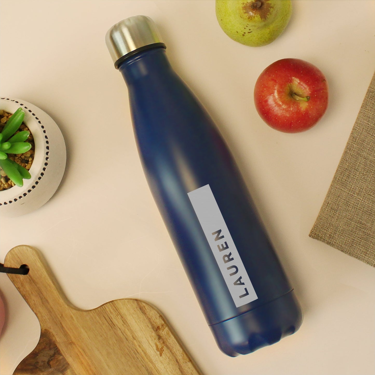 Personalised Rectangle Navy Metal Insulated Drinks Bottle: 2 - Water Bottles By Gift Moments