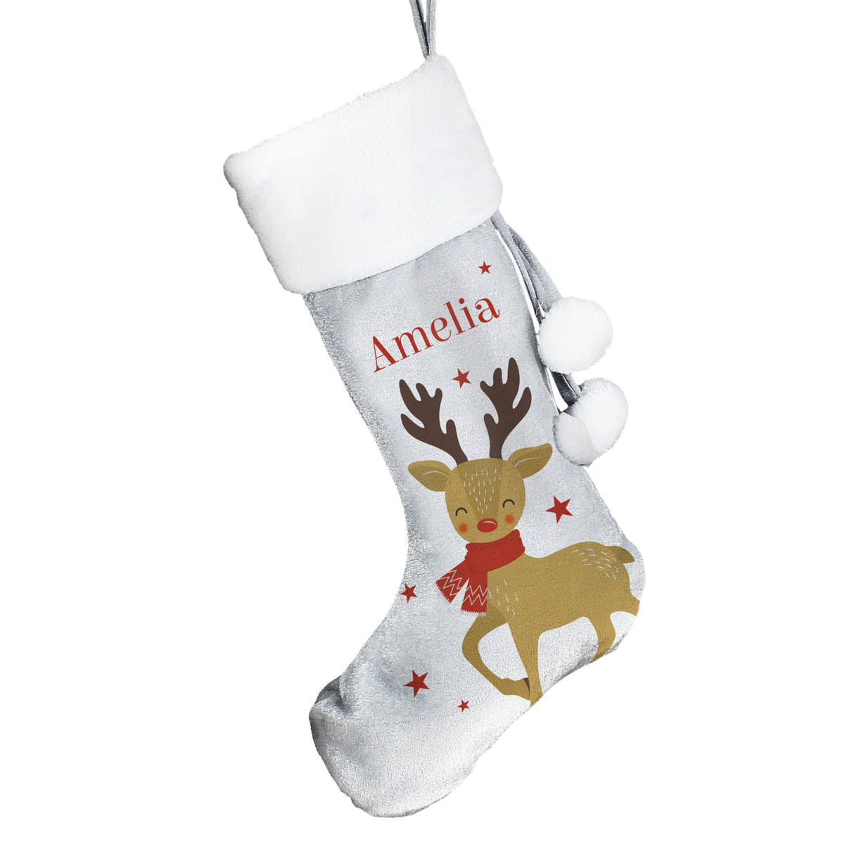 Personalised Reindeer Silver Grey Stocking: 4 - Christmas Stockings By Gift Moments