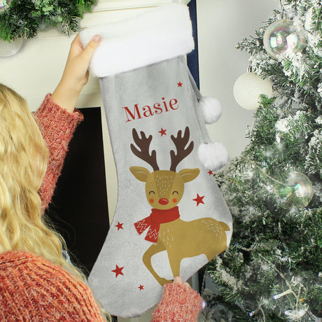 Personalised Reindeer Silver Grey Stocking: 2 - Christmas Stockings By Gift Moments