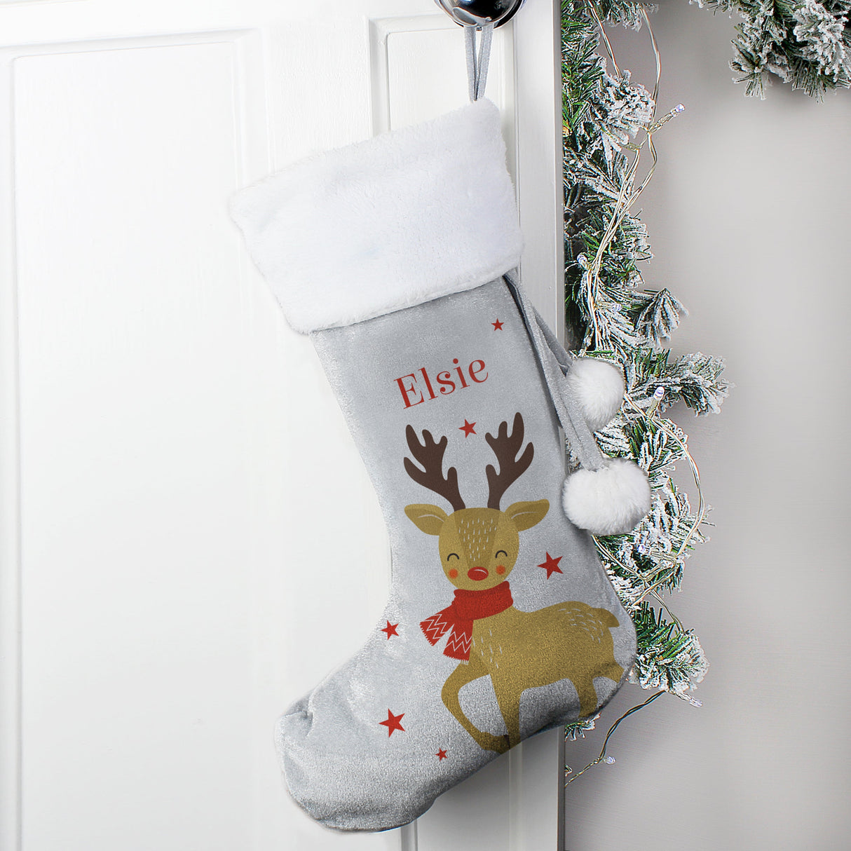 Personalised Reindeer Silver Grey Stocking: 1 - Christmas Stockings By Gift Moments