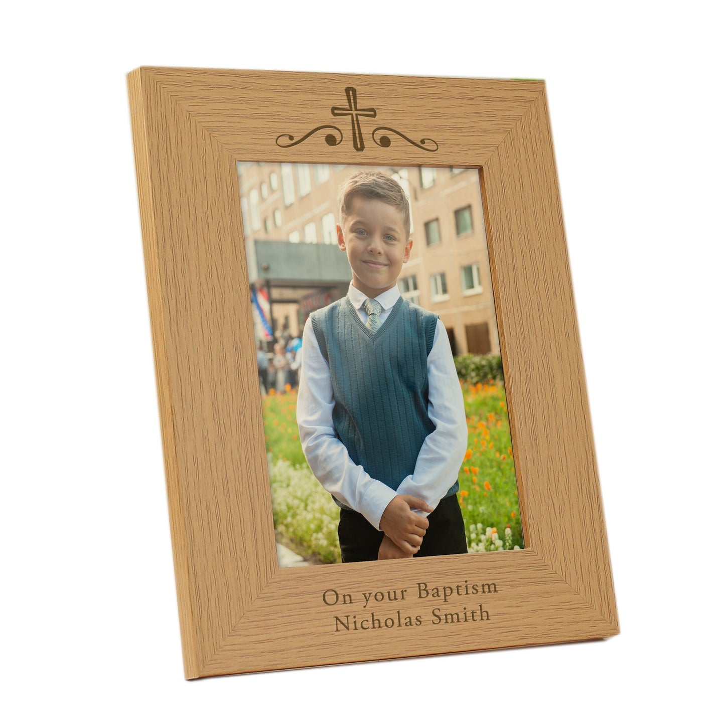 Personalised Religious Swirl 5x7 Oak Finish Photo Frame: 4 - Photo Frames By Gift Moments