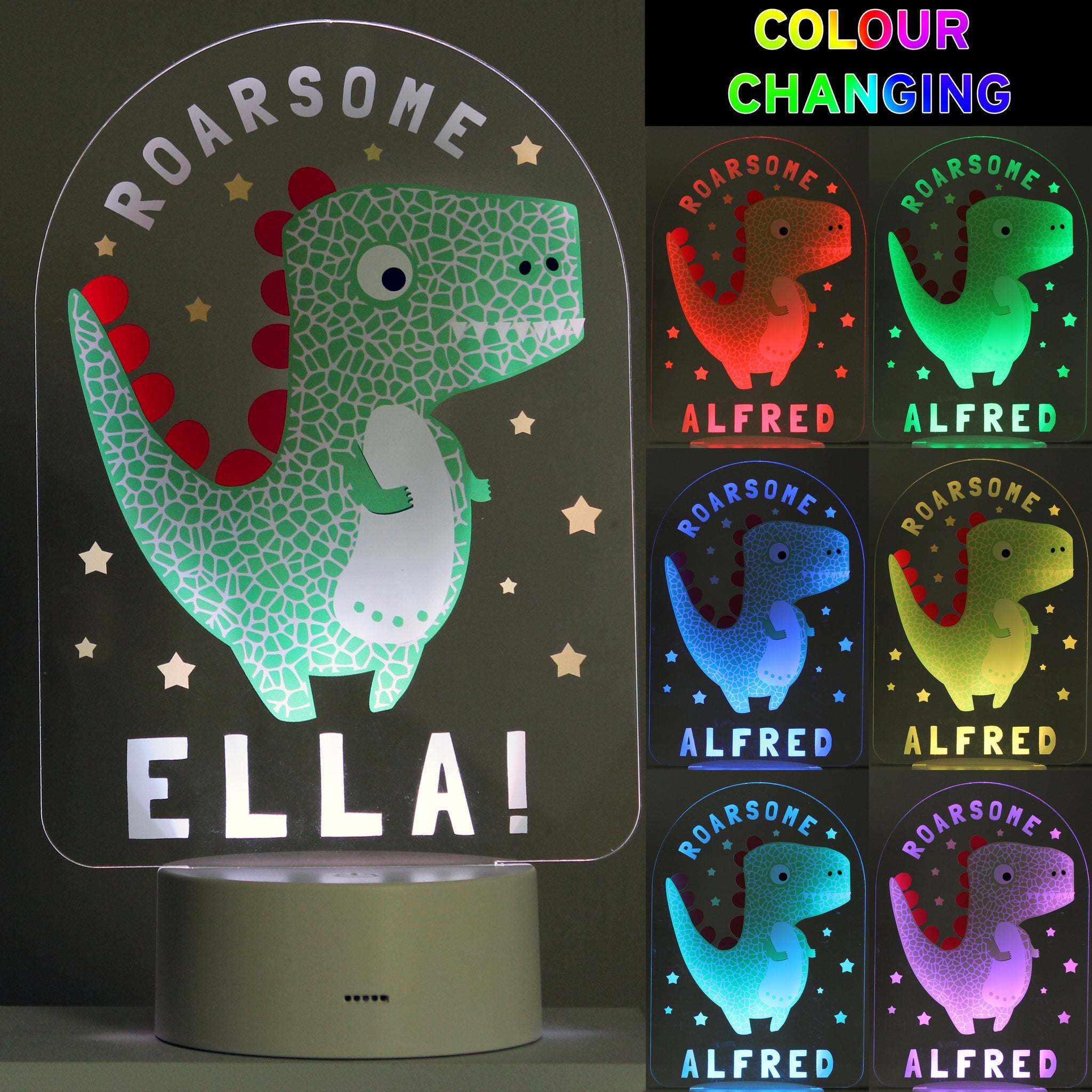 Personalised Roarsome Dinosaur LED Colour Changing Night Light: 3 - LED Lighting By Gift Moments