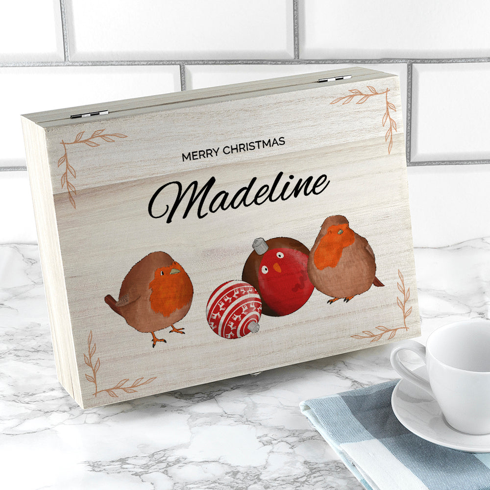 Personalised Robin Baubles Christmas Tea Box Selection: 3 Tea Boxes By Gift Moments