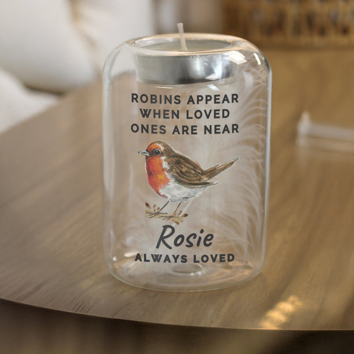 Personalised Robin Memorial Feather Tealight Holder: 3 - Candle Holders By Gift Moments