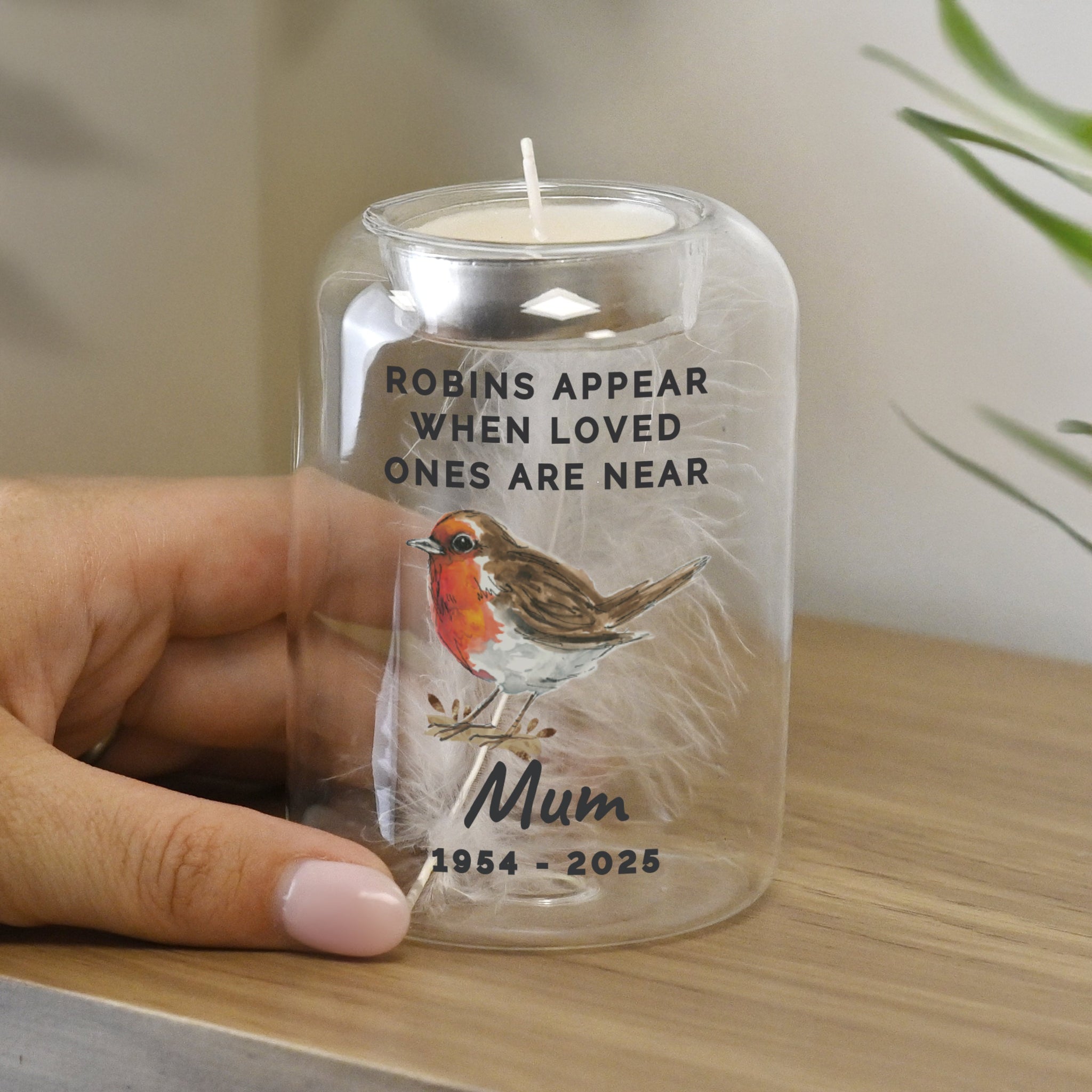 Personalised Robin Memorial Feather Tealight Holder: 2 - Candle Holders By Gift Moments