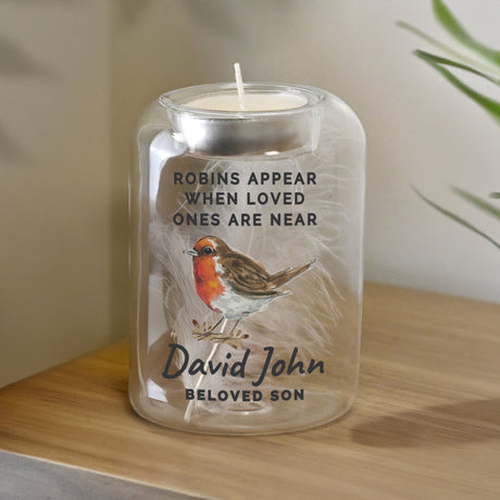 Personalised Robin Memorial Feather Tealight Holder: 1 - Candle Holders By Gift Moments