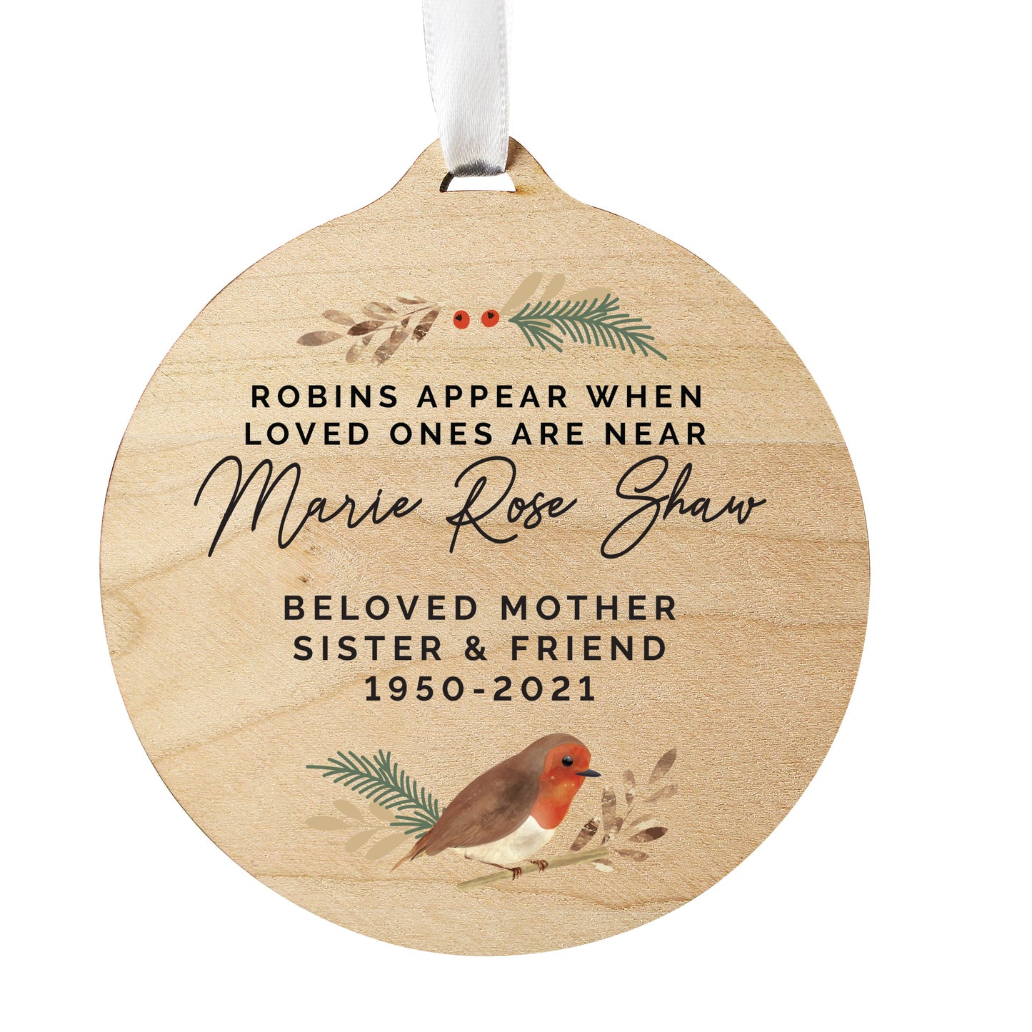 Personalised Robin Memorial Round Wooden Decoration: 4 - Decorations By Gift Moments