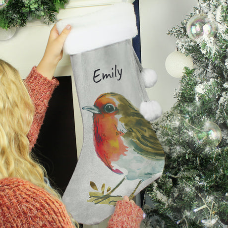 Personalised Robin Silver Grey Stocking: 2 - Christmas Stockings By Gift Moments