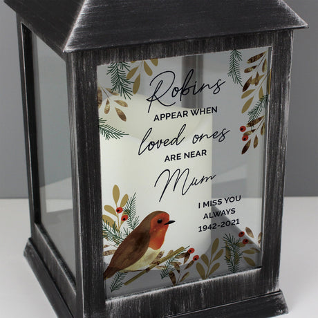 Personalised Robins Appear.. Memorial Black Lantern: 3 - LED Lighting By Gift Moments