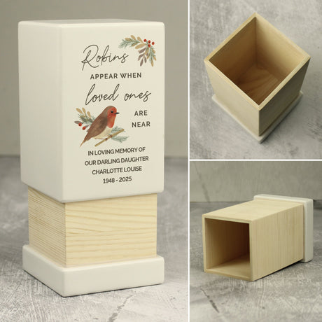 Personalised Robins Appear Small Wooden Urn: 6 - Urns By Gift Moments