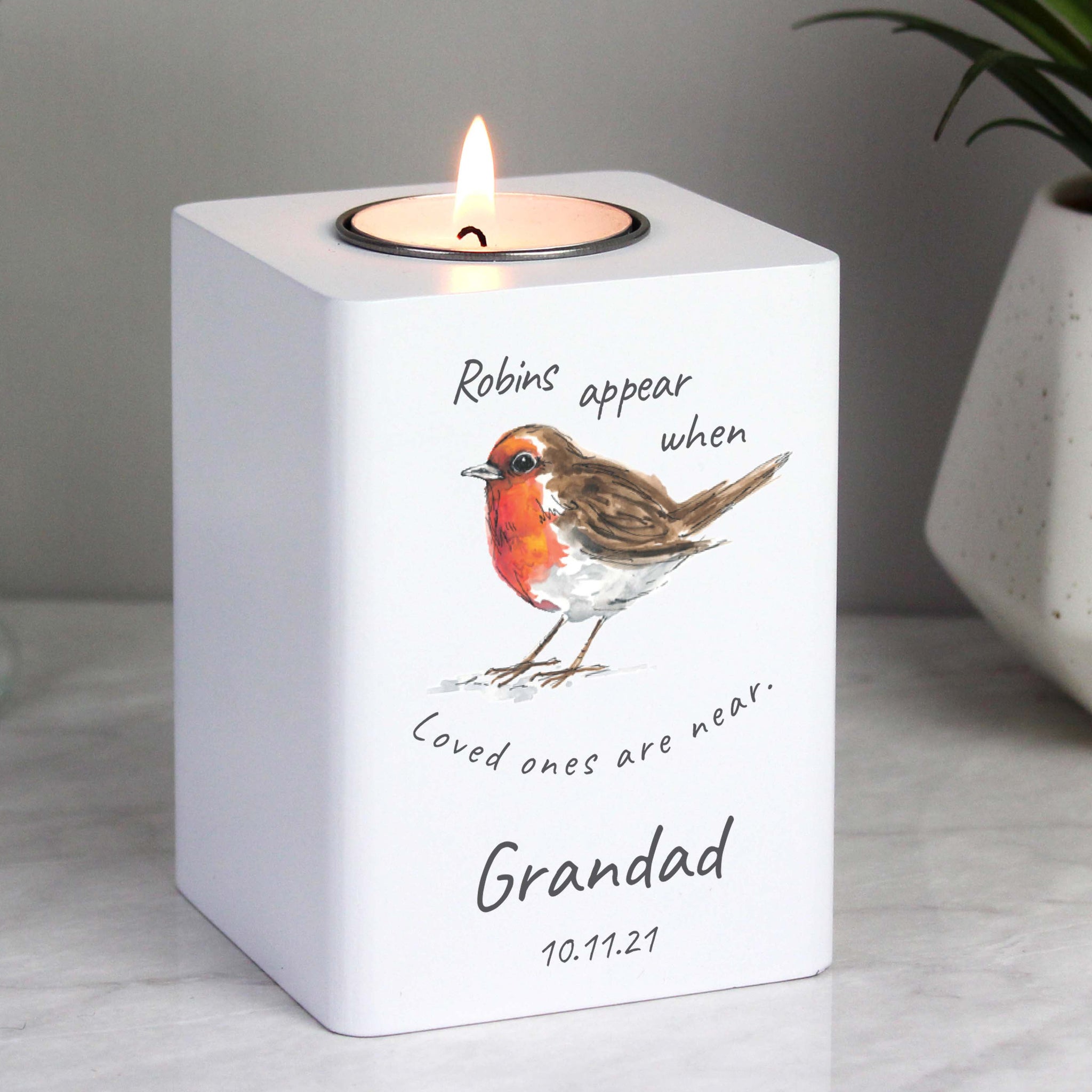 Personalised Robins Appear White Wooden Tea light Holder: 1 - Candle Holders By Gift Moments