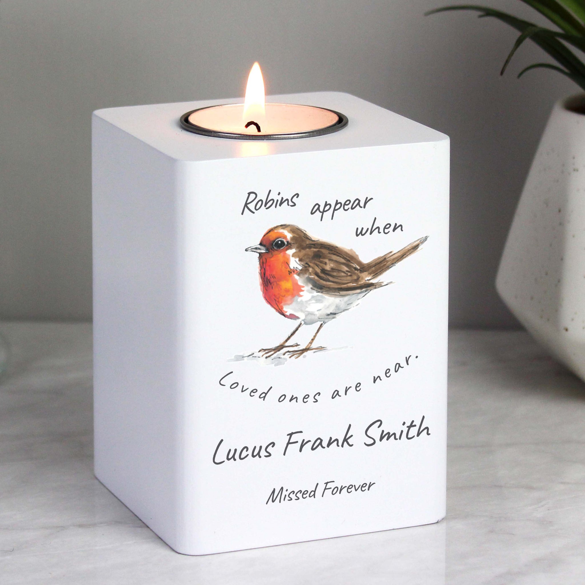 Personalised Robins Appear White Wooden Tea light Holder: 3 - Candle Holders By Gift Moments