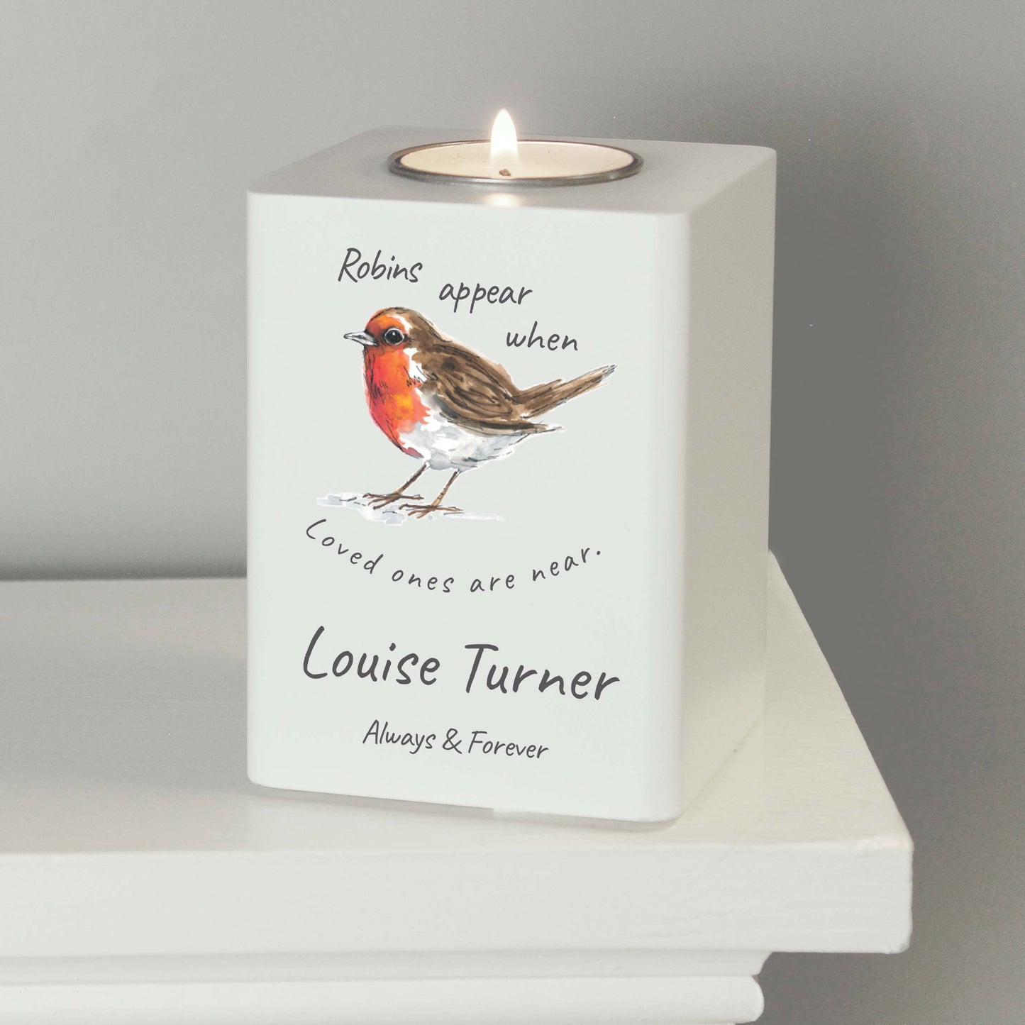 Personalised Robins Appear White Wooden Tea light Holder: 2 - Candle Holders By Gift Moments
