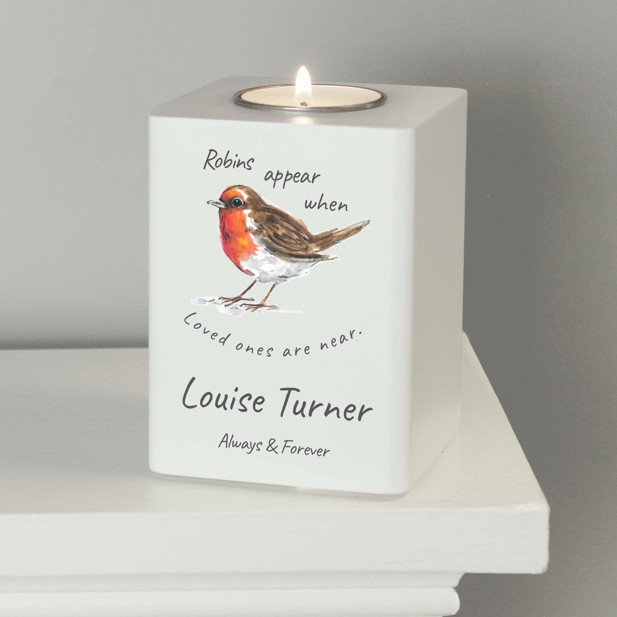Personalised Robins Appear White Wooden Tea light Holder: 2 - Candle Holders By Gift Moments