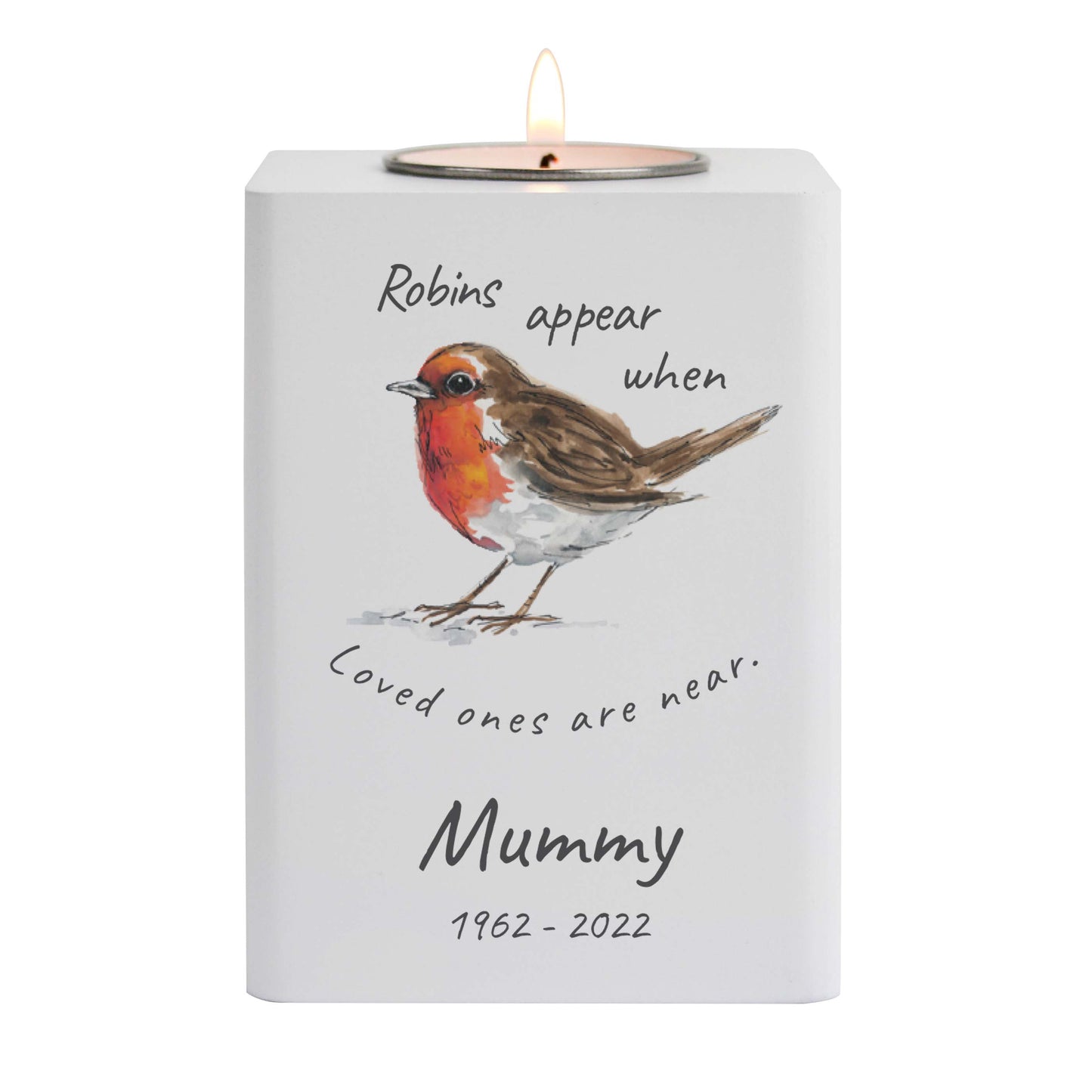 Personalised Robins Appear White Wooden Tea light Holder: 5 - Candle Holders By Gift Moments