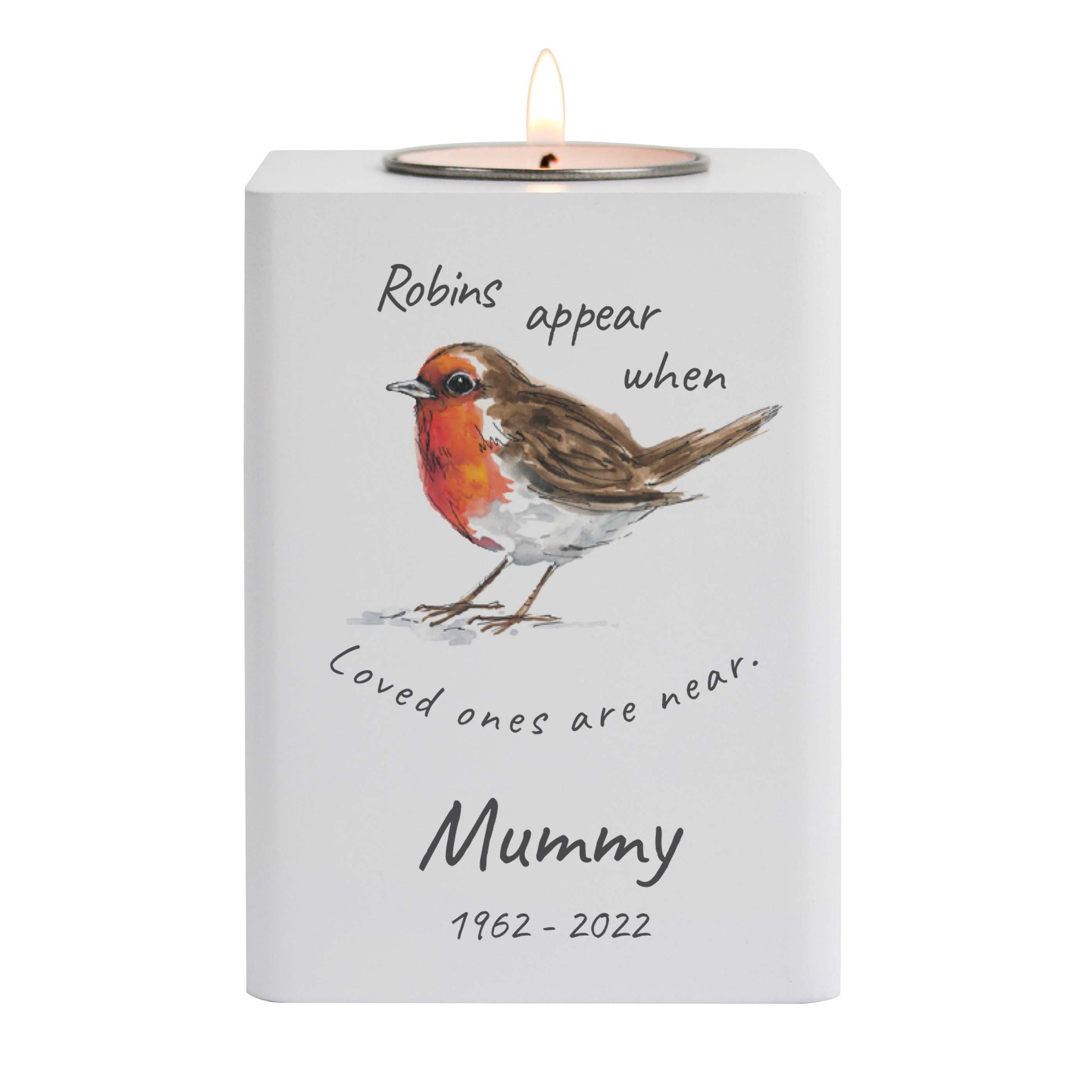 Personalised Robins Appear White Wooden Tea light Holder: 5 - Candle Holders By Gift Moments