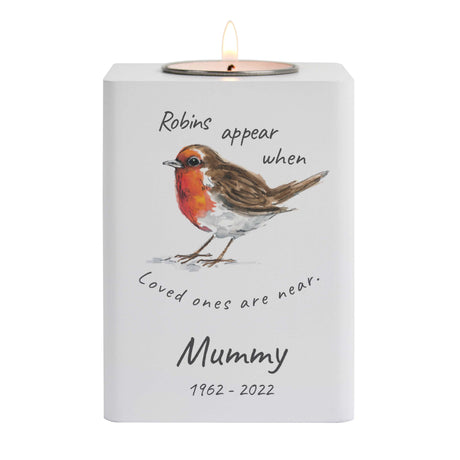 Personalised Robins Appear White Wooden Tea light Holder: 5 - Candle Holders By Gift Moments