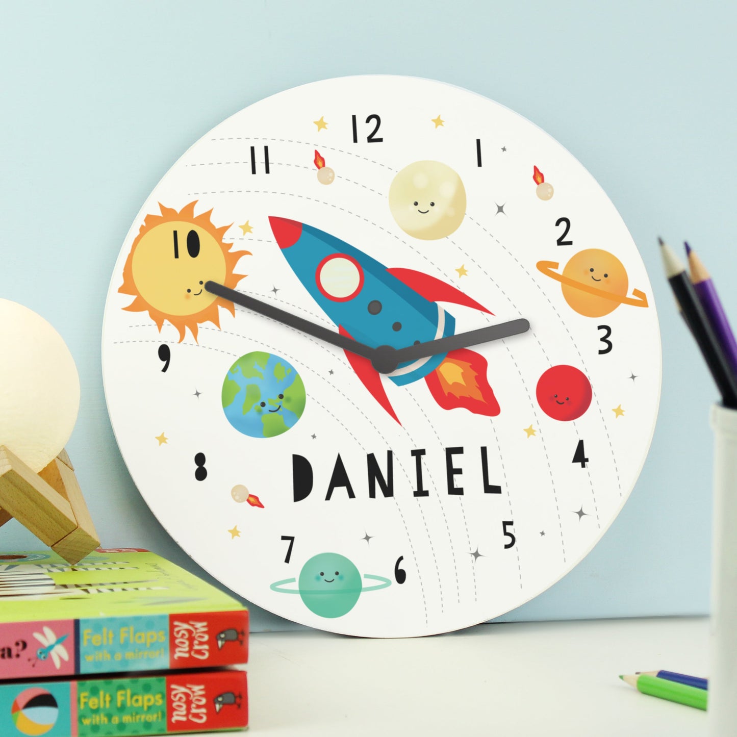Personalised Rocket in Space Large Wooden Clock: 2 - Clocks By Gift Moments
