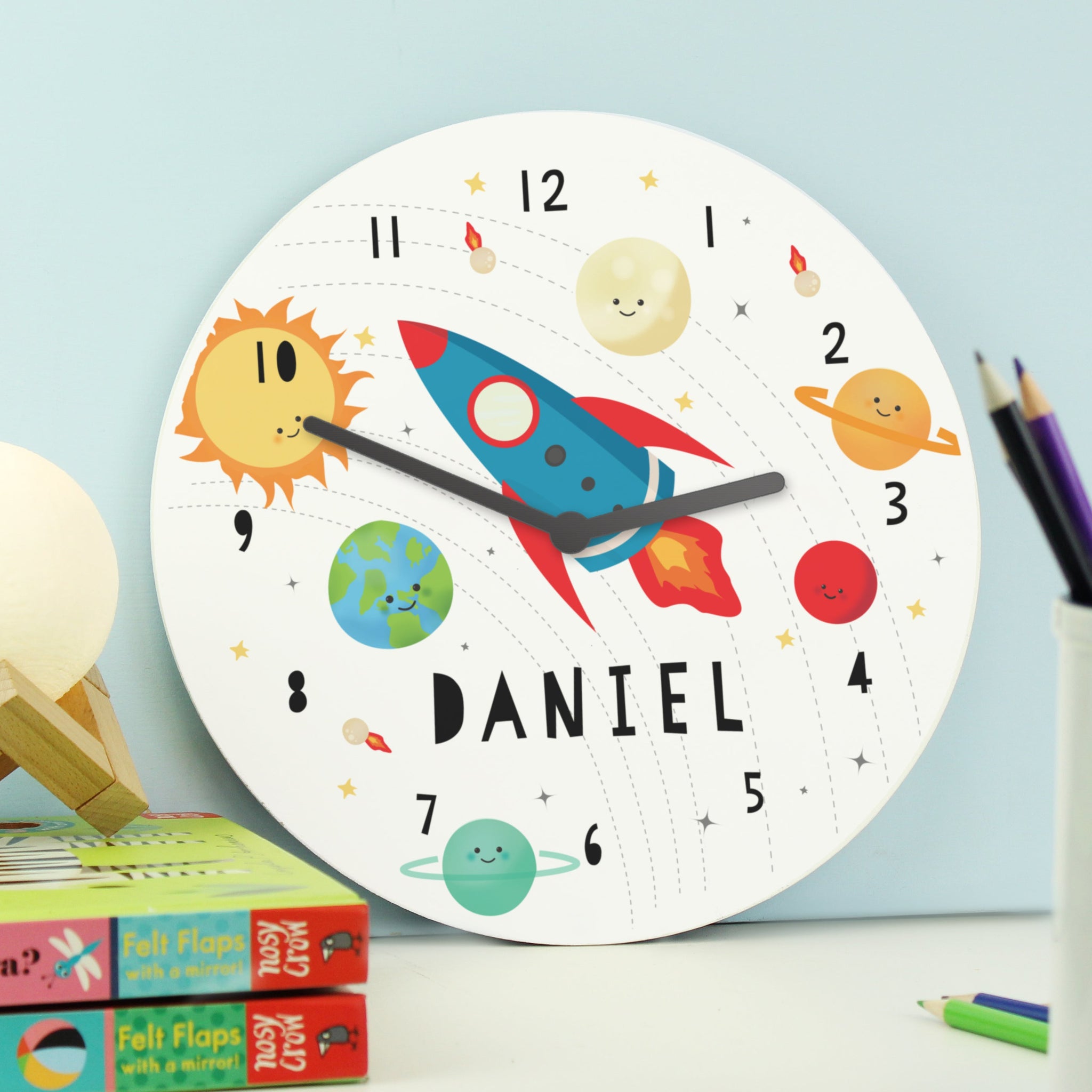 Personalised Rocket in Space Large Wooden Clock: 2 - Clocks By Gift Moments
