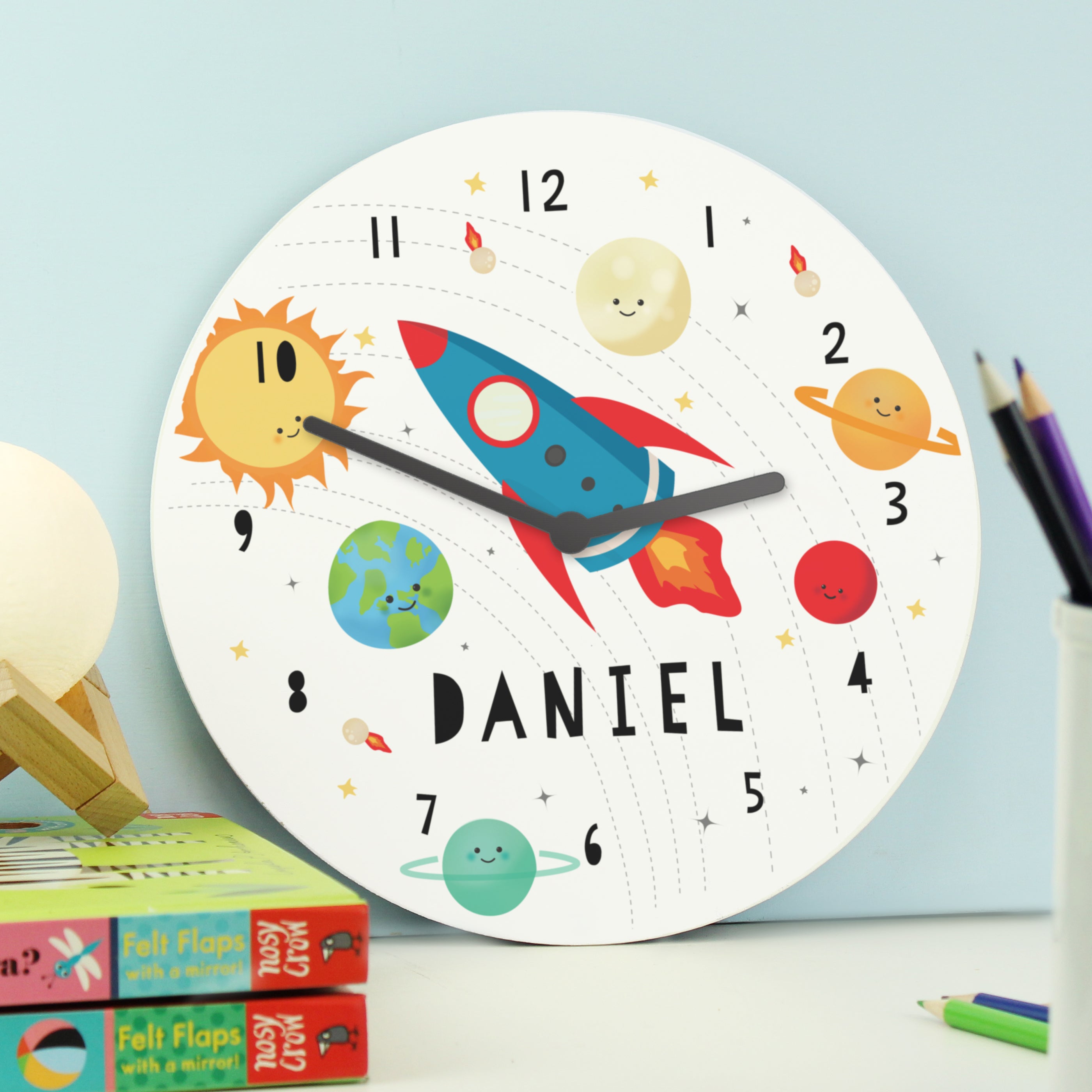 Personalised Rocket in Space Large Wooden Clock - Shop Clocks At Gift Moments - 2
