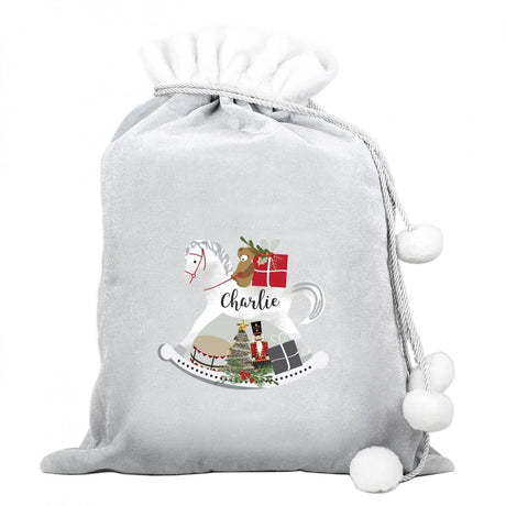 Personalised Rocking Horse Luxury Silver Grey Pom Pom Sack: 3 - Christmas Sacks By Gift Moments