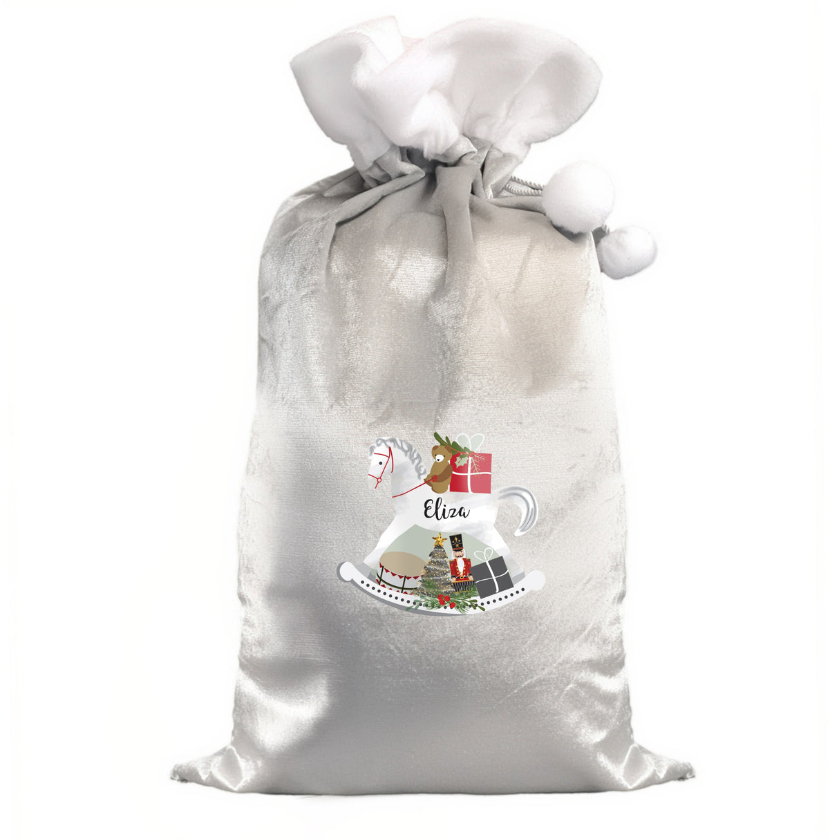 Personalised Rocking Horse Luxury Silver Grey Pom Pom Sack: 4 - Christmas Sacks By Gift Moments