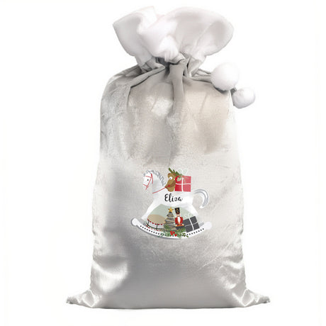 Personalised Rocking Horse Luxury Silver Grey Pom Pom Sack: 4 - Christmas Sacks By Gift Moments