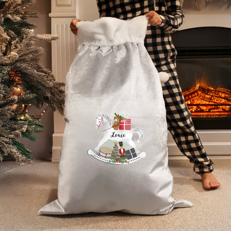 Personalised Rocking Horse Luxury Silver Grey Pom Pom Sack: 3 - Christmas Sacks By Gift Moments