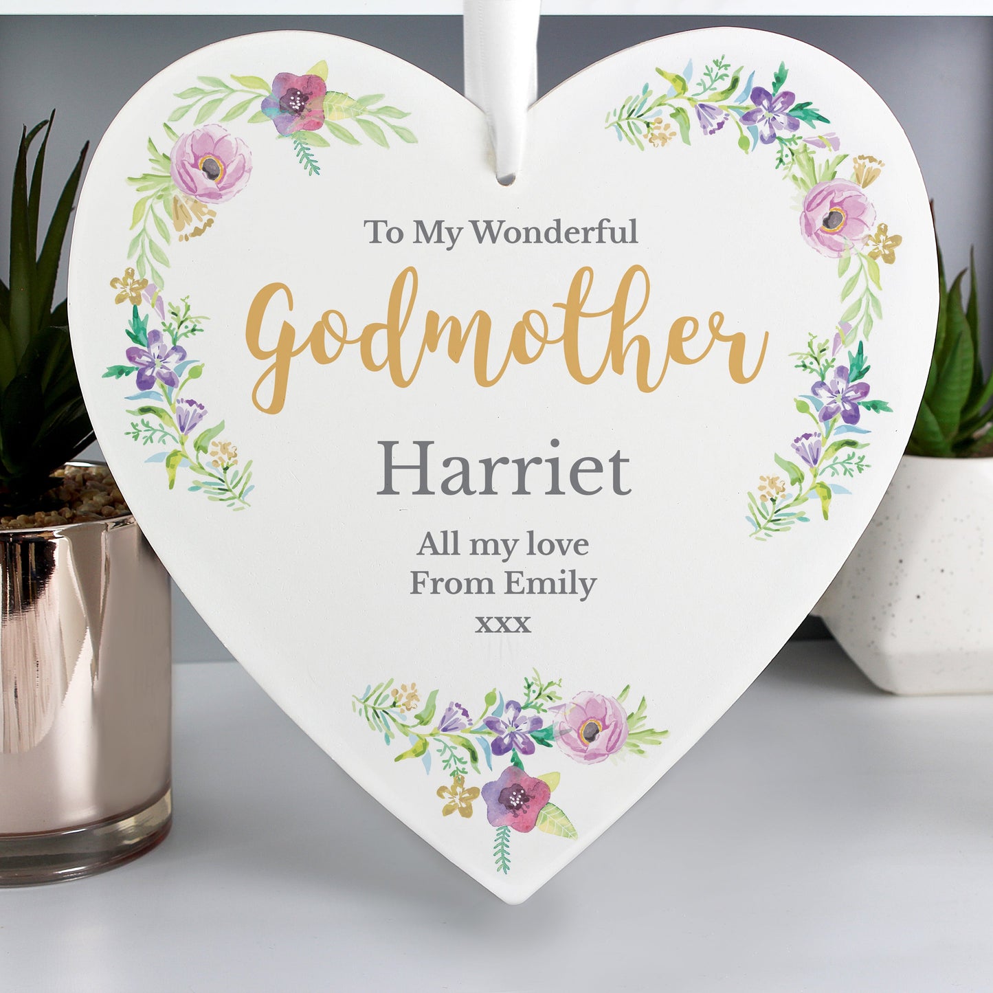 Personalised Any Role ’Floral Watercolour’ Large Wooden Heart Decoration: 3 - Decorations By Gift Moments