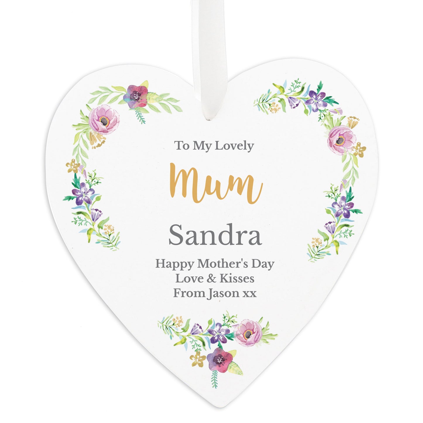 Personalised Any Role ’Floral Watercolour’ Large Wooden Heart Decoration: 6 - Decorations By Gift Moments