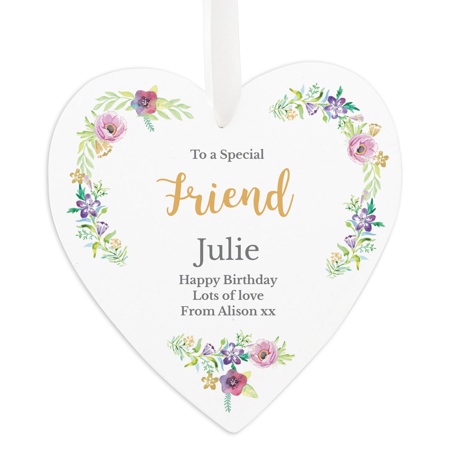 Personalised Any Role ’Floral Watercolour’ Large Wooden Heart Decoration: 5 - Decorations By Gift Moments