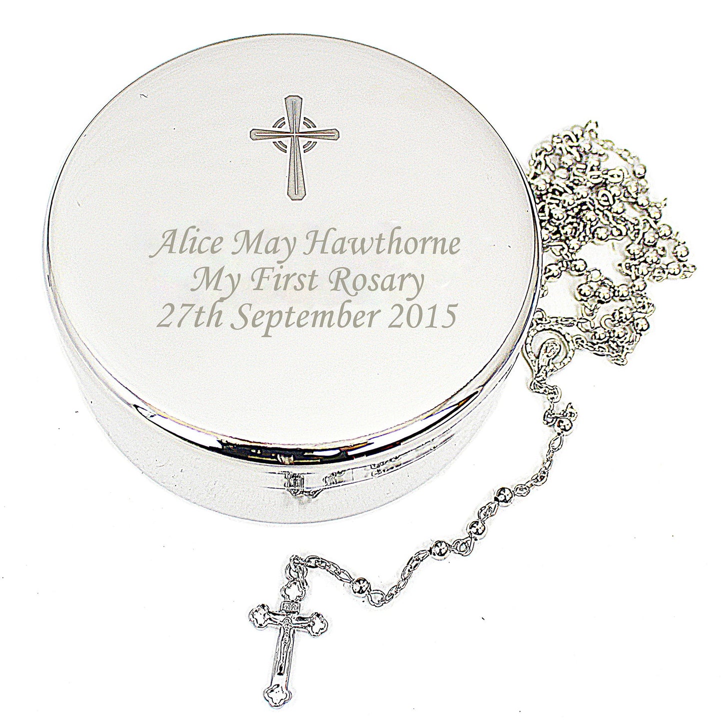 Personalised Rosary Beads and Cross Round Trinket Box: 9 - Trinket Boxes By Gift Moments