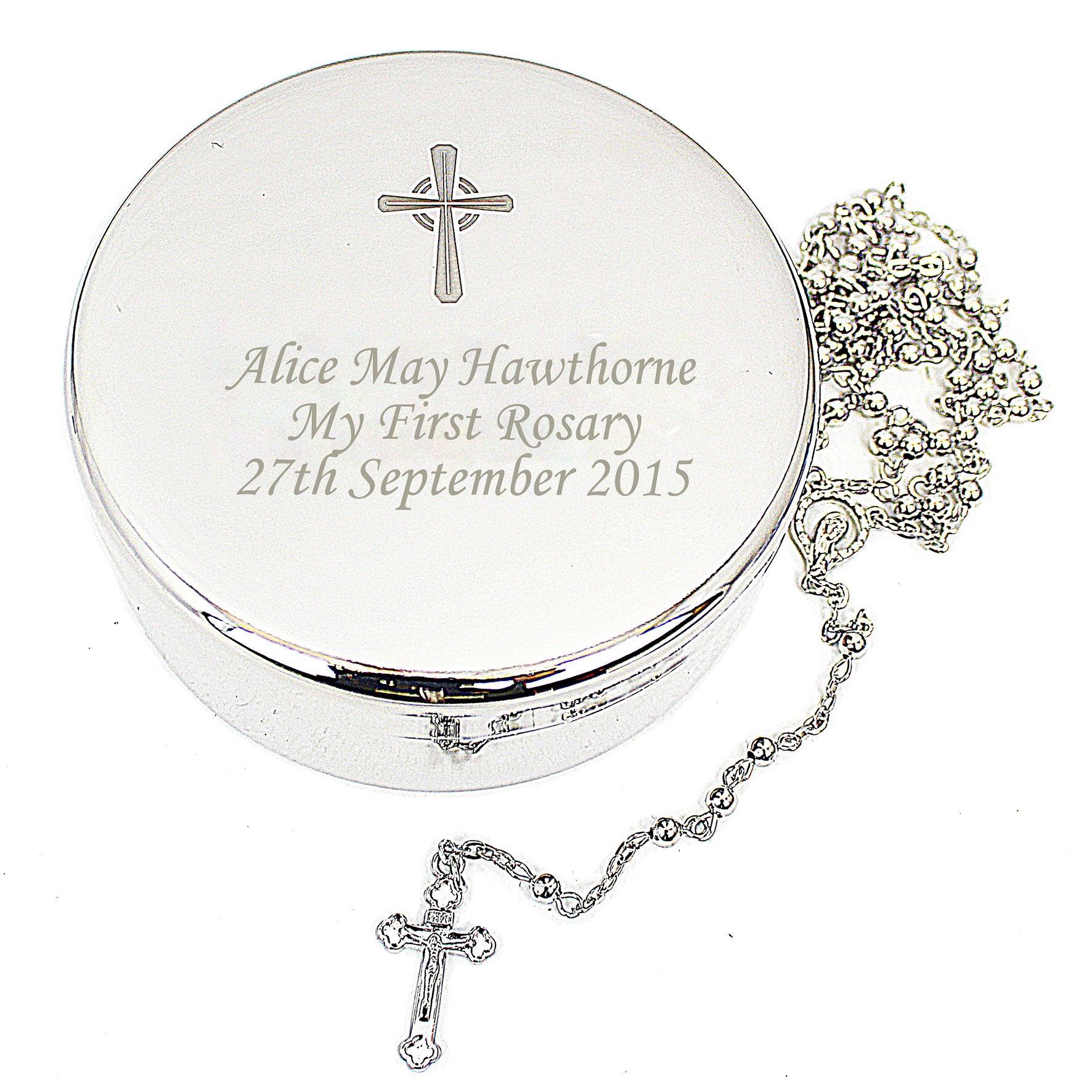 Personalised Rosary Beads and Cross Round Trinket Box: 9 - Trinket Boxes By Gift Moments