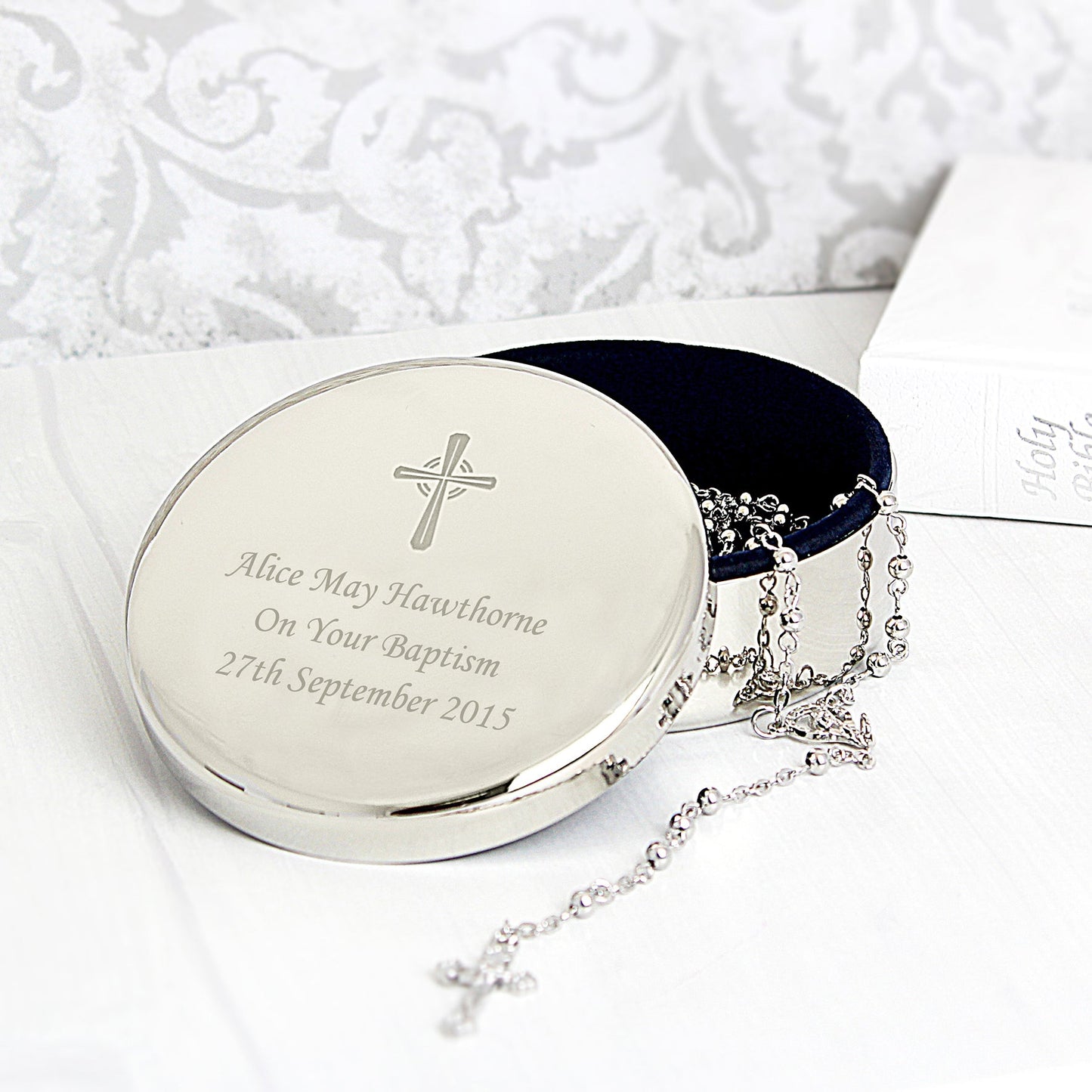 Personalised Rosary Beads and Cross Round Trinket Box: 5 - Trinket Boxes By Gift Moments