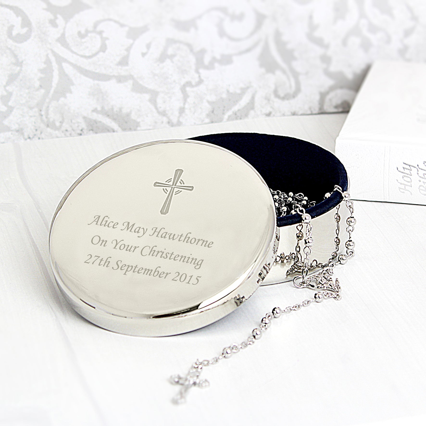 Personalised Rosary Beads and Cross Round Trinket Box: 1 - Trinket Boxes By Gift Moments