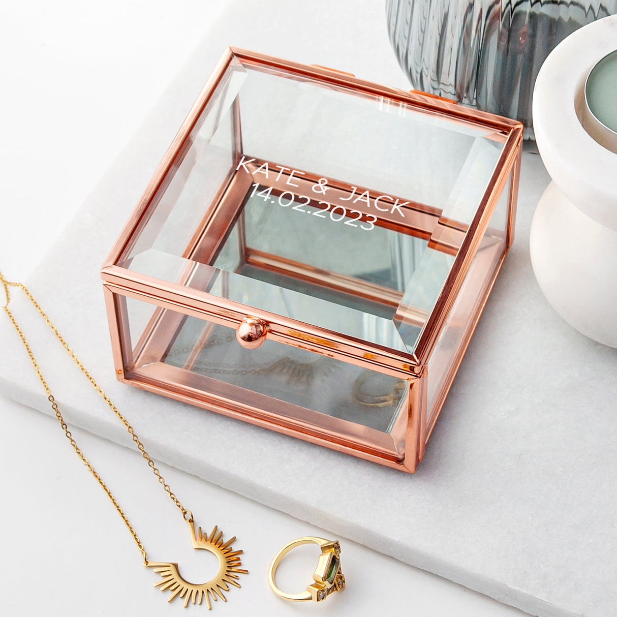 Personalised Rose Gold Glass Trinket Boxes: 6 Etched Trinket Boxes By Gift Moments